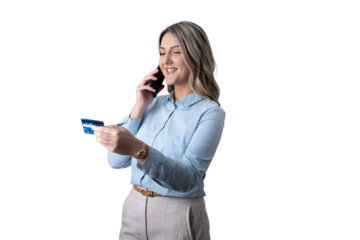 Woman making online payment using a credit card and phone