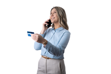 Woman making online payment on phone holding credit card