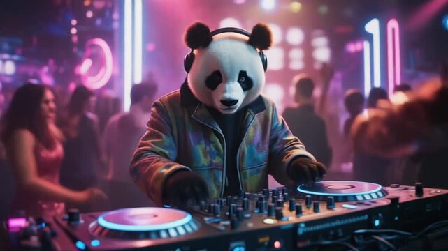 DJ Panda Performing Live Music in Neon Club with Dance Crowd and Party Lights