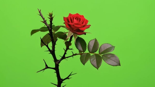 Close-up of small thorny rose branch with rich green leaves and one vibrant red rose bloom, isolated subtle movement green screen element.