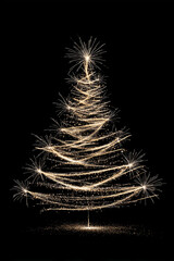 subtle, minimalist mix of line art and sparkles: abstract christmas tree made of monochrome lights isolated over black background