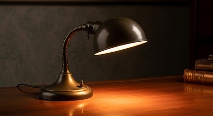 Vintage brass banker s lamp with adjustable arm casting warm light on a wooden desk with books