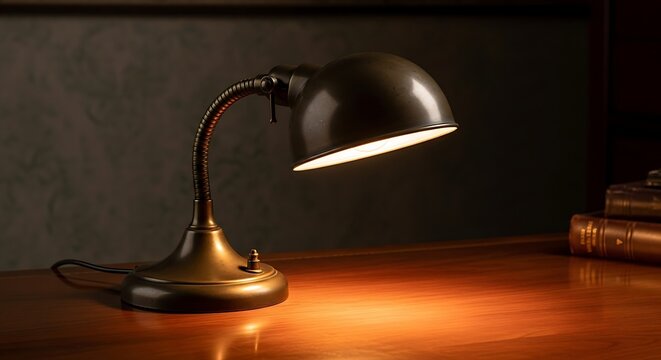Vintage brass banker s lamp with adjustable arm casting warm light on a wooden desk with books