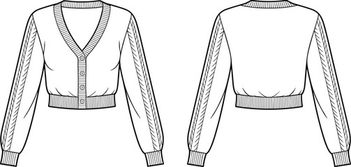 Front and back cardigan line art vector, cable knit sleeve fashion sketch, button up cropped sweater outline, minimalist women apparel illustration isolated
