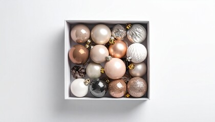 Square white box filled with assorted Christmas ornaments in rose gold, silver, white, and bronze finishes.