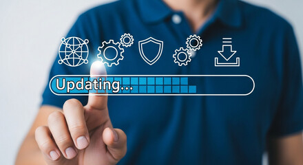 Finger touching updating progress bar with icons representing software update security download and settings showcasing technology and system maintenance on a digital interface for users