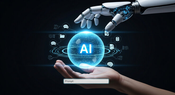 Ai technology concept with a robotic hand and human hand interacting with a glowing orb displaying ai text and various digital icons on a dark background showcasing future technology - Powered by Adobe