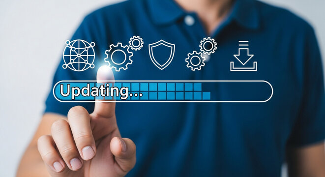 Finger touching updating progress bar with icons representing software update security download and settings showcasing technology and system maintenance on a digital interface for users - Powered by Adobe