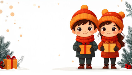 Cute 2D Holiday Kids with White Background and Negative Space Ai Generated