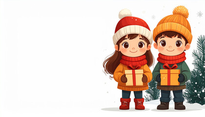 Cute 2D Holiday Kids with White Background and Negative Space Ai Generated