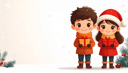 Cute 2D Holiday Kids with White Background and Negative Space Ai Generated