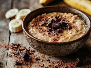 Oatmeal with chocolate and banana slices in a rustic bowl  