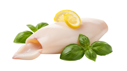 Fresh squid garnished with lemon and basil leaves on transparent background seafood ingredient