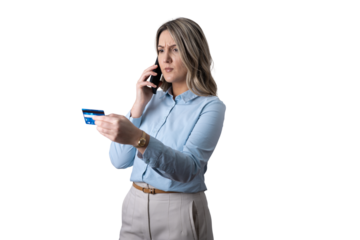 Woman experiencing fraud on credit card during phone call