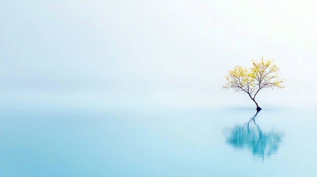 A single tree stands in calm water, its reflection mirroring in the surface, creating a serene and minimalist landscape.
