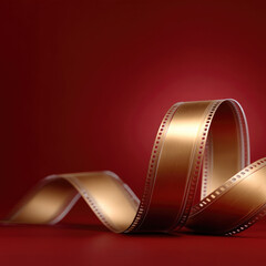 Golden film strip on red background, shiny metallic texture, cinematic concept, elegant and creative, studio lighting, closeup view