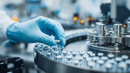 Close up of a pharmaceutical lab scientist pharmacist examining medical vials In a healthcare factory. Healthcare worker wearing blue PPE protective gloves	
