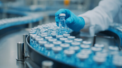 Close up of a pharmaceutical lab scientist pharmacist examining medical vials In a healthcare factory. Healthcare worker wearing blue PPE protective gloves	
