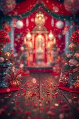 Fototapeta premium Colorful Celebration Setup With Flowers, Decorations, and Warm Lights During a Festive Season