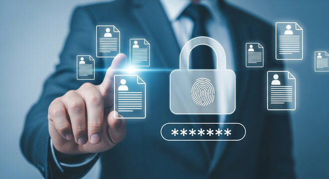 Securing digital documents with biometric authentication and password protection ensuring data privacy and compliance in a modern cybersecurity environment for business and personal use - Powered by Adobe