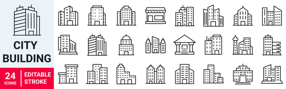 City Building web line icons set. House, office, building, architecture, city, hospital, school, bank, church, hotel icon. Editable stroke. Vector