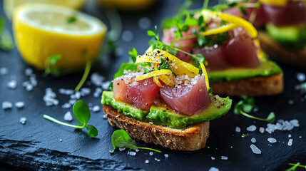 Tuna tartare on avocado toast with lemon and microgreens on slate  