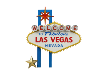 Iconic Las Vegas sign (starburst, 'WELCOME'), small polished brass star mirroring it, on transparent, bright studio lighting, 45-degree, iconic recognition and commercial concept