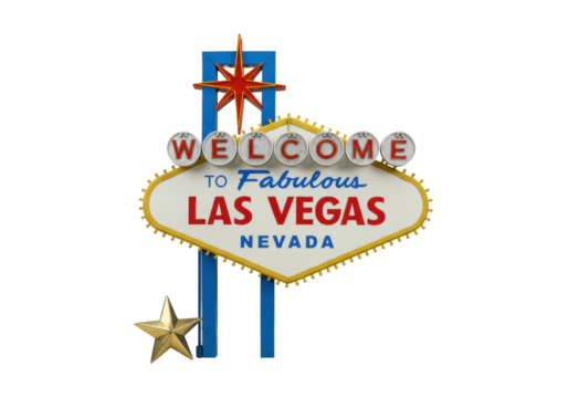 Iconic Las Vegas sign (starburst, 'WELCOME'), small polished brass star mirroring it, on transparent, bright studio lighting, 45-degree, iconic recognition and commercial concept
