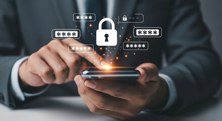 Businessman secures mobile data with password protection and encryption on his smartphone ensuring privacy and safety in the digital world with cybersecurity measures and authentication methods
