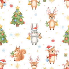 Cute Watercolor Christmas Animals Seamless Pattern, Holiday Rabbit Reindeer Squirrel Background 