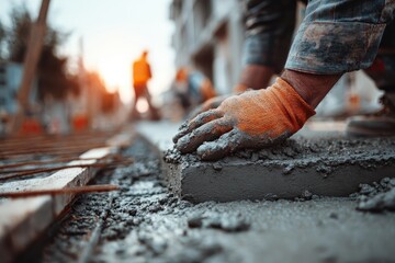 Worker levels wet cement, wearing orange gloves, on construction site. Image represents hard work, building trades, and infrastructure projects.