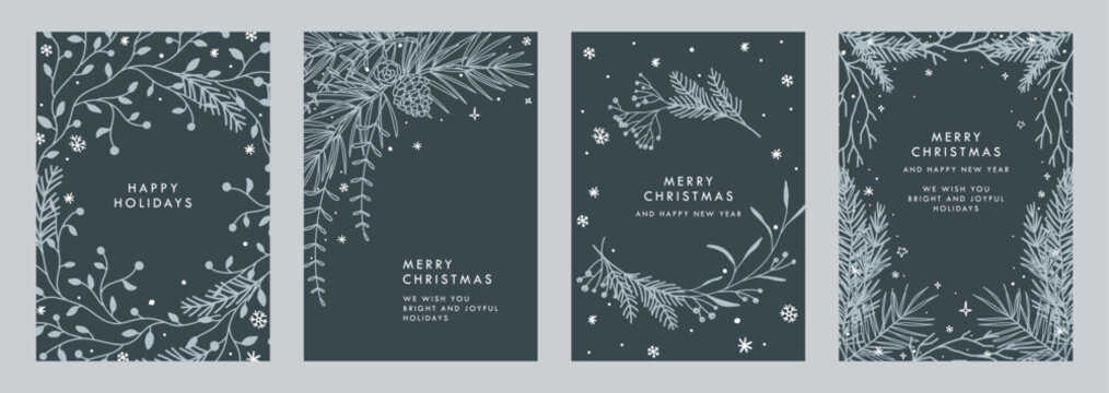Christmas and New Year's holidays card vector set. Elegant backgrounds with fir branches, pinecone, Christmas tree, wreath of winter plants. Illustrations for cover, print, poster, ads, invitation