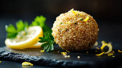 Quinoa ball with lemon slice and parsley on dark slate background  