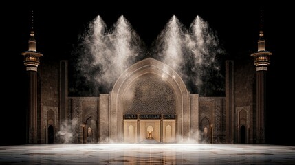 A mosque is illuminated at night with fog and dramatic lighting, creating a mystical and serene atmosphere. The architecture is detailed and ornate.