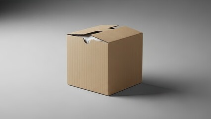 Obraz premium Slightly open plain brown cardboard box on a neutral gray background, representing packaging and delivery.