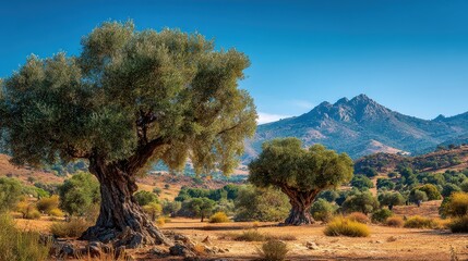 Idyllic landscape with olive trees, rolling hills, and a blue sky backdrop. Ideal for travel brochures, nature blogs, or Mediterranean themed designs.