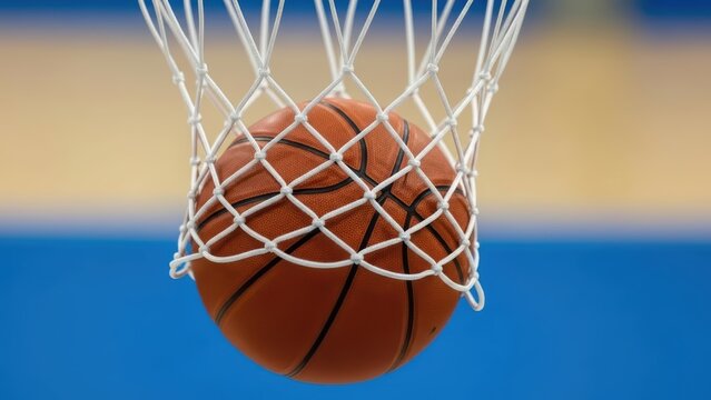 Basketball going through net on blue background