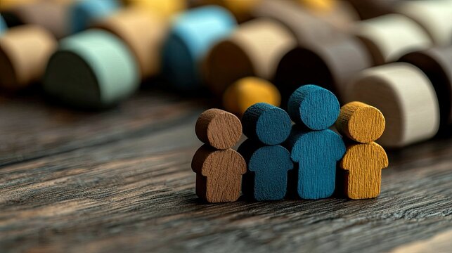 A group of colorful wooden figures are arranged on a wooden surface, suggesting teamwork and community.