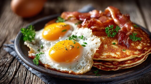Breakfast plate with pancakes, fried eggs and bacon on rustic wooden table. Showcase delicious menu items in restaurants or online food platforms.