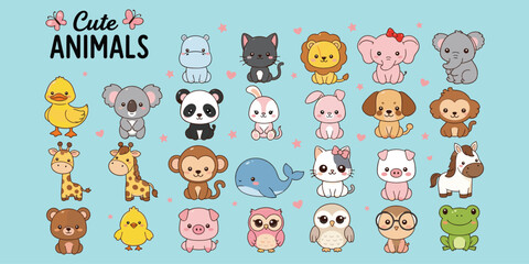 Obraz premium Cute animals illustration, cartoon style, colorful grid, butterflies and hearts, kids theme, playful design, flat vector illustration