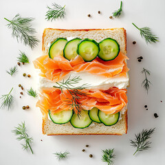 Fresh sandwich with salmon, cucumber, and dill on white background  
