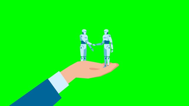 Man holding on hand two robots shaking hands. Robots under businessman control. Robots shake hands. Collaboration, partnership, relationship between AI. 2d flat animation. Alpha channel