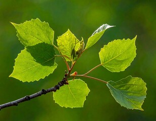 Translucent poplar leaves displaying vibrant green hues in natural sunlight