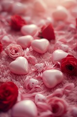 Beautiful Heart Decorations Surrounded by Pink Roses on Soft Surface