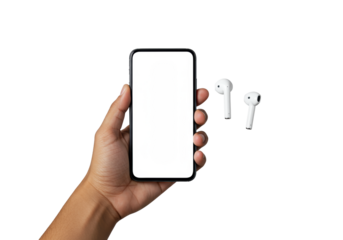 Youthful, well-manicured hand holding a sleek black smartphone with a blank white screen and a wireless earbud, on a transparent studio background, premium tech product presentation