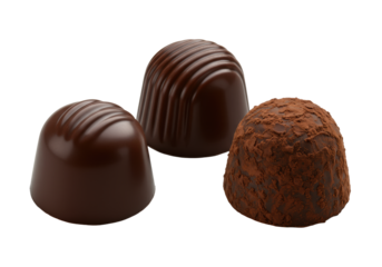 Three exquisite dark chocolate truffles, various textures, deep brown, elegantly arranged on pristine transparent background with negative space. Concept of gourmet quality luxury