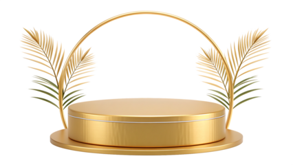 Elegant golden podium or pedestal with arch and palm leaf decoration, perfect for product display, isolated on transparent background