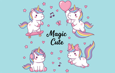 Fototapeta premium Magic unicorns, rainbow mane, cute cartoon, playful animals, fantasy creatures, heart balloon, headphones, stars, butterfly, pastel background, flat vector illustration