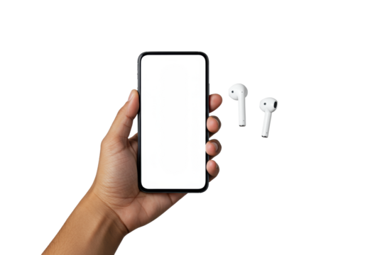 Youthful, well-manicured hand holding a sleek black smartphone with a blank white screen and a wireless earbud, on a transparent studio background, premium tech product presentation