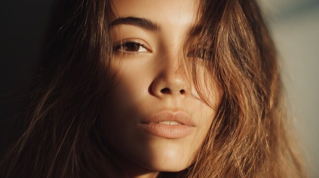 Close-up of a woman with flowing hair looking directly at the camera in soft light - Powered by Adobe